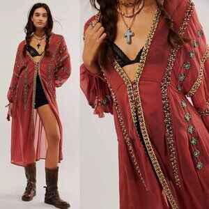 Free People Beaded Beauty Kaftan Maxi Gauzy Oversized Long Sheer Embellished Top